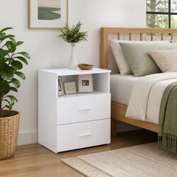 White Nightstand Cabinet with Drawers and Shelf