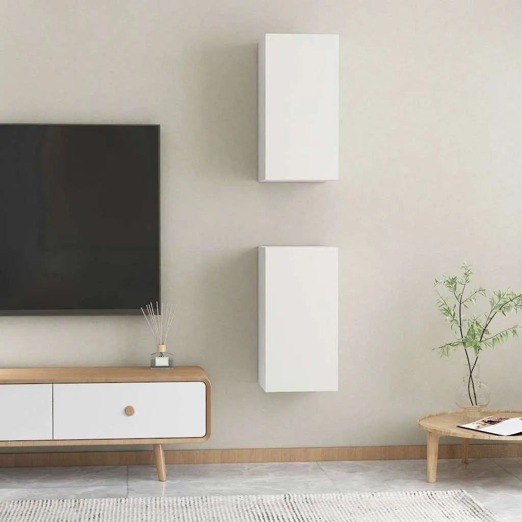 Wall-Mounted TV Cabinet Set White 2 Piece Engineered Wood Storage Shelves