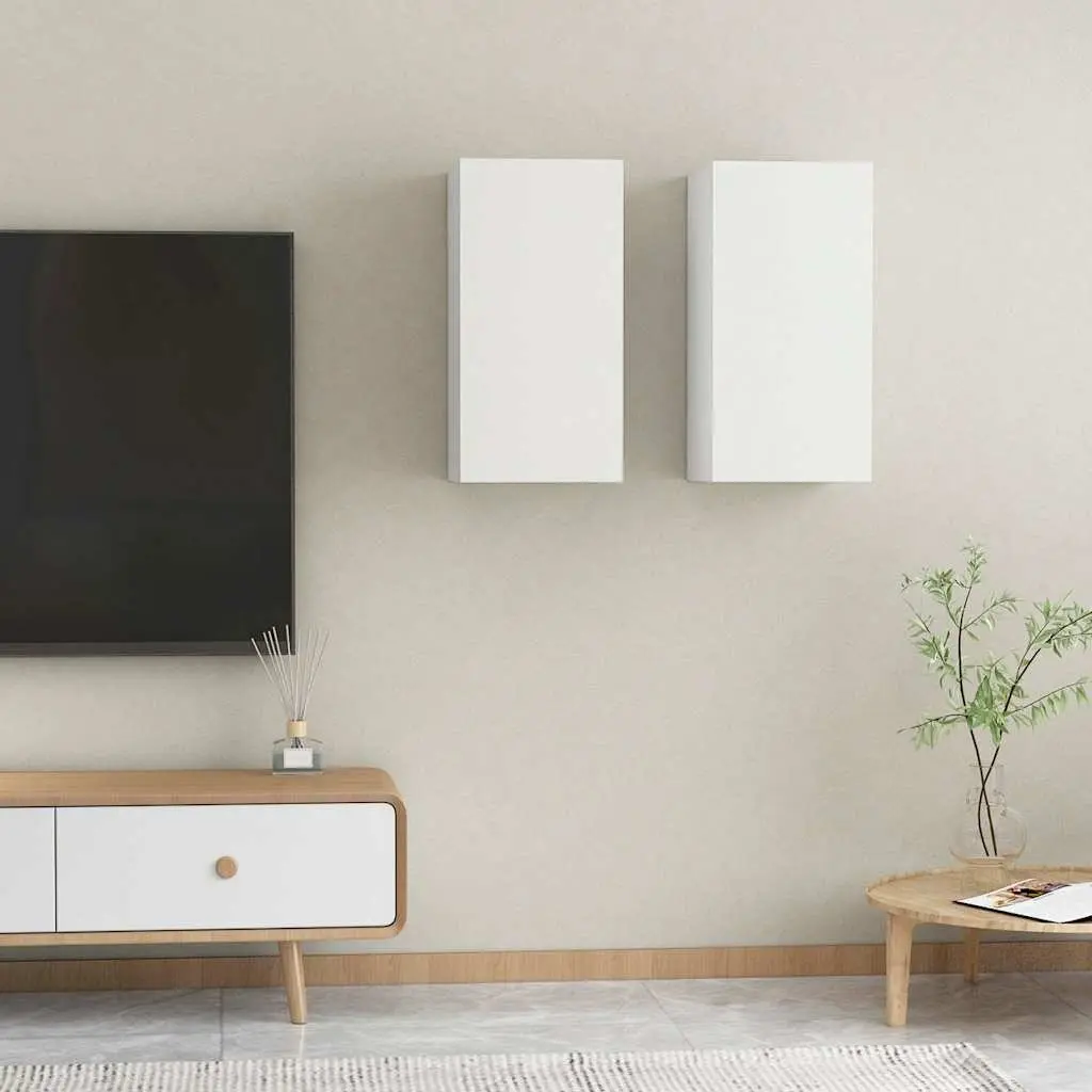 Wall-Mounted TV Cabinet Set White 2 Piece Engineered Wood Storage Shelves