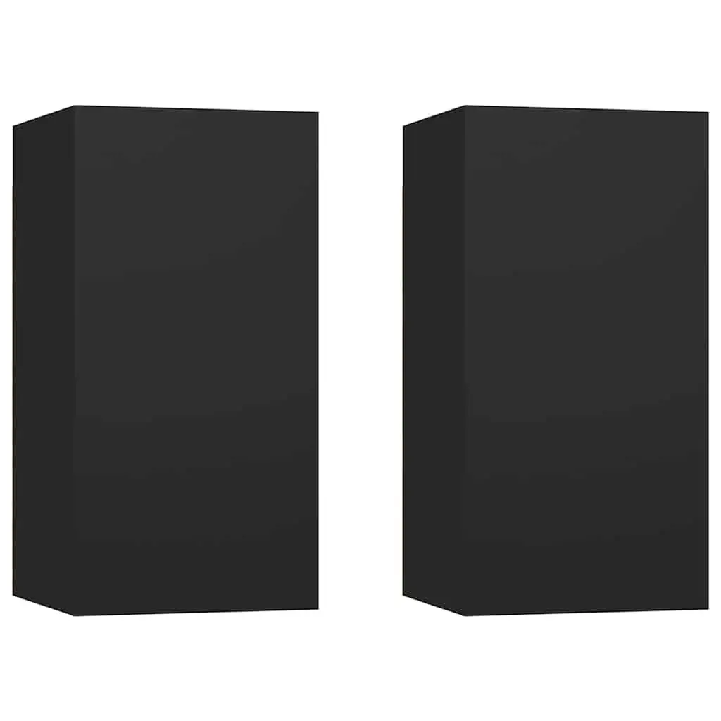 Wall-Mounted TV Cabinet Set 2 Pieces Black Engineered Wood Storage Shelves