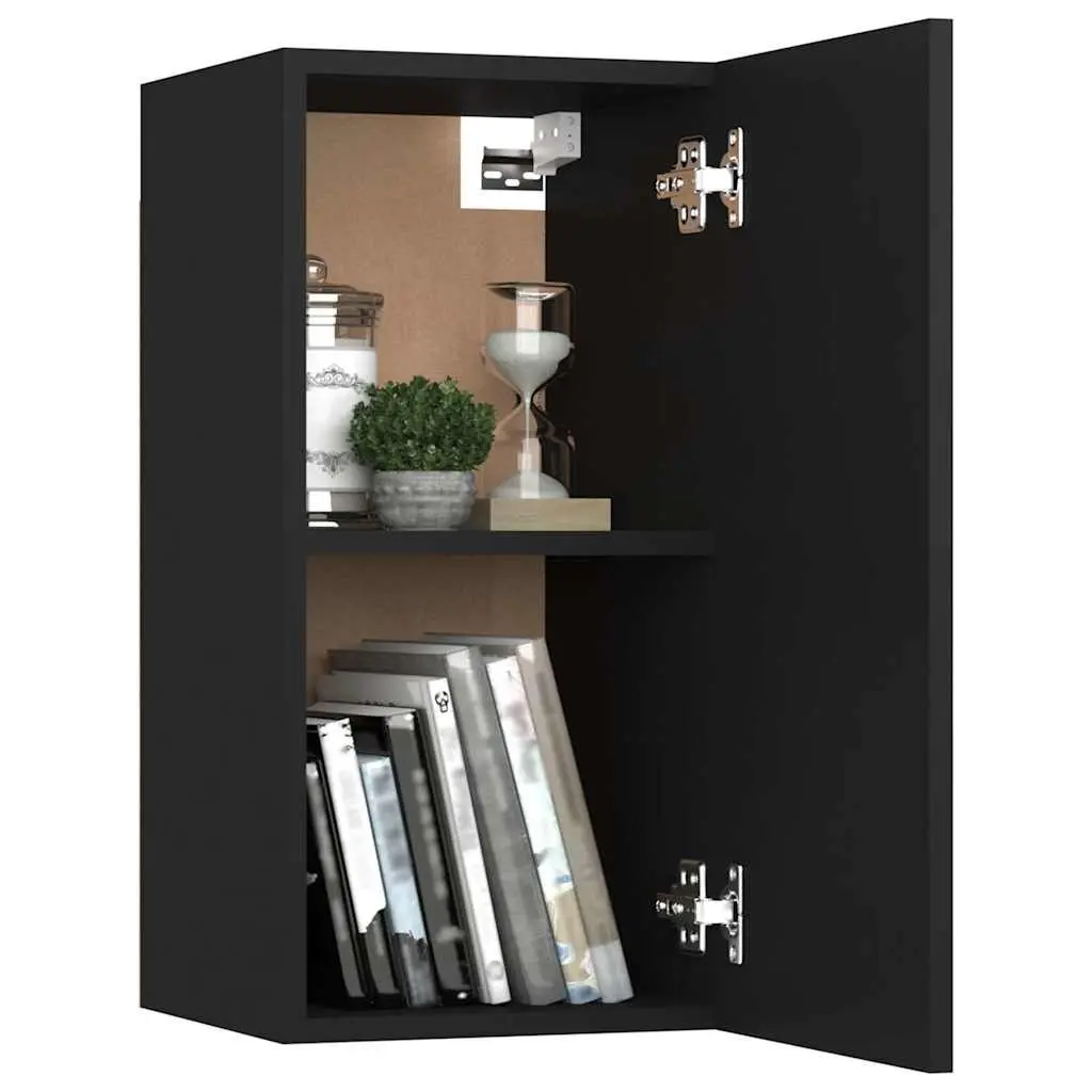 Wall-Mounted TV Cabinet Set 2 Pieces Black Engineered Wood Storage Shelves