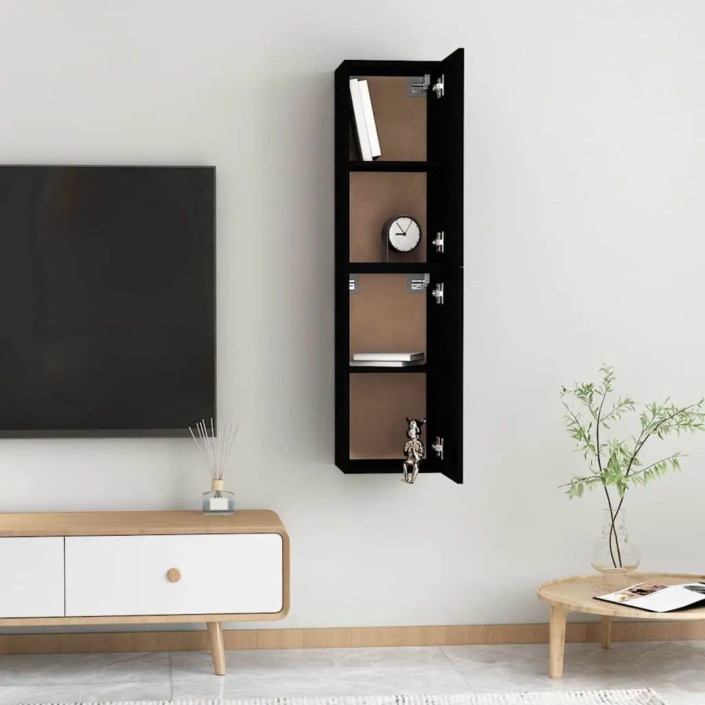 Wall-Mounted TV Cabinet Set 2 Pieces Black Engineered Wood Storage Shelves