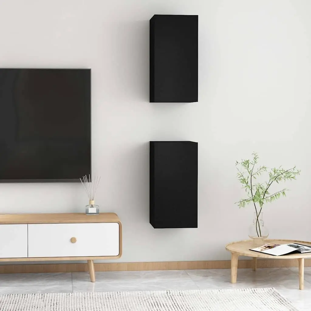 Wall-Mounted TV Cabinet Set 2 Pieces Black Engineered Wood Storage Shelves