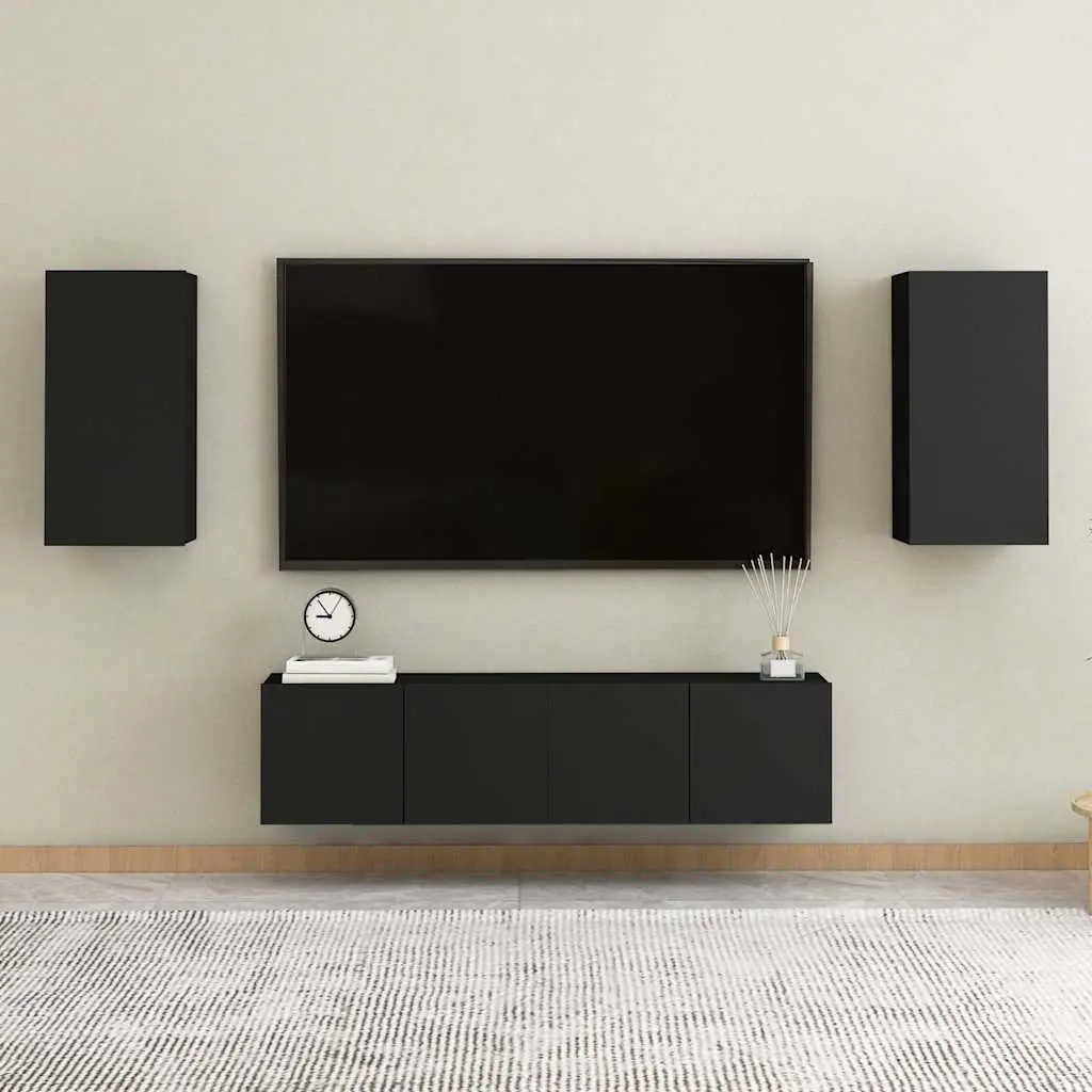 Wall-Mounted TV Cabinet Set 2 Pieces Black Engineered Wood Storage Shelves