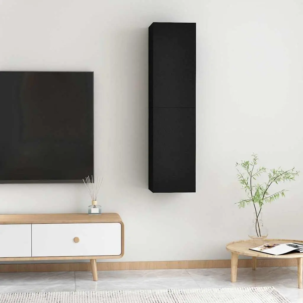 Wall-Mounted TV Cabinet Set 2 Pieces Black Engineered Wood Storage Shelves