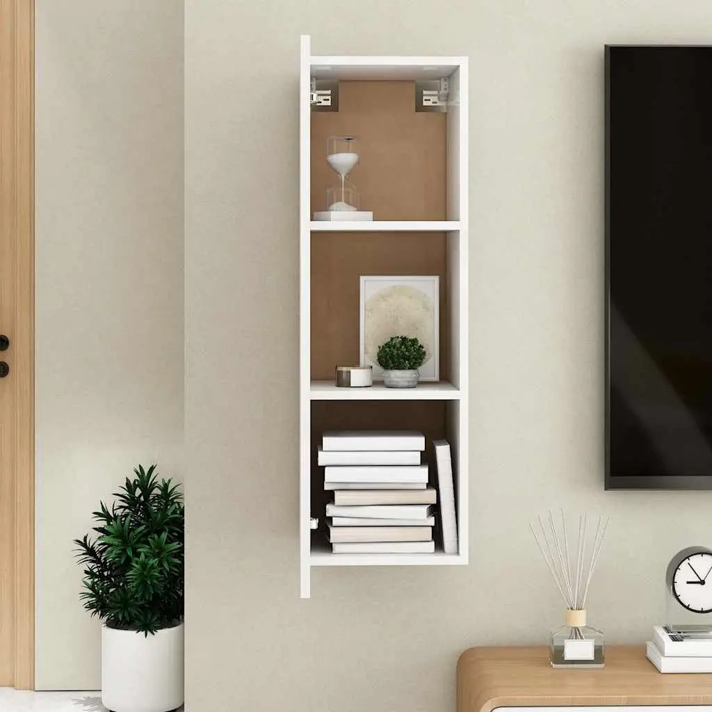 TV Cabinet White Wall-Mounted 90cm Engineered Wood Storage Unit with 2 Shelves