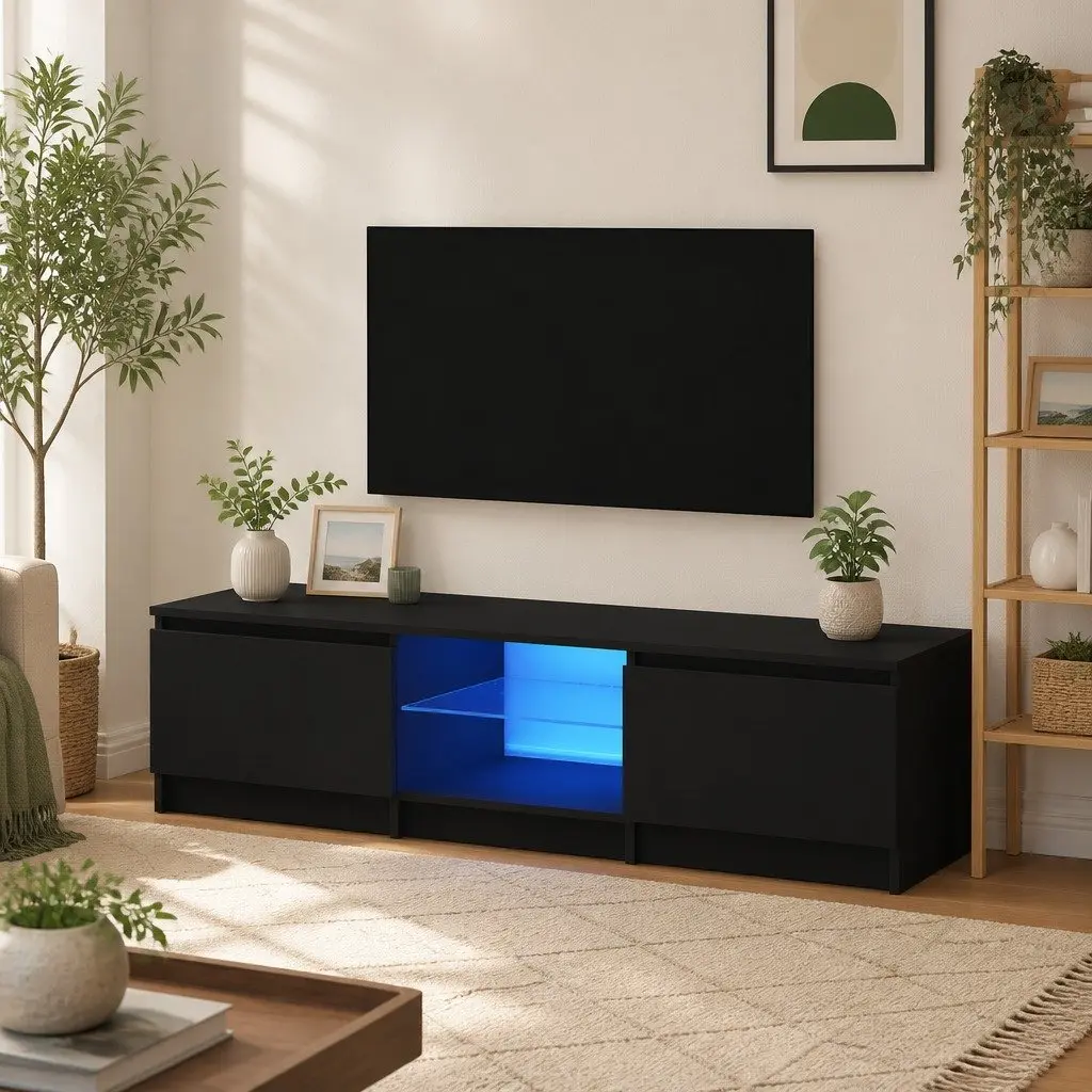 TV Cabinet with RGB LED Lights Black Entertainment Unit Storage Organiser