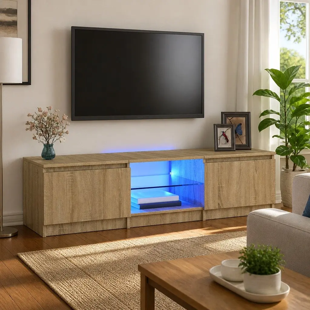 TV Cabinet with LED Lights Brown Media Stand Storage Unit 140x40x36cm