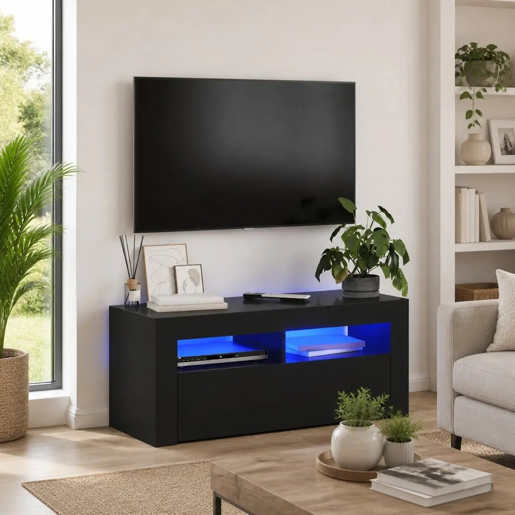 TV Cabinet Black Modern Entertainment Unit 90 x 35 x 40 cm Wood with RGB LED Lights