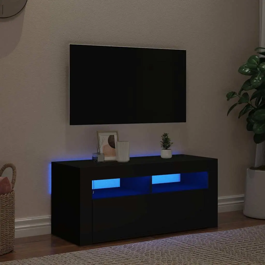 TV Cabinet Black Modern Entertainment Unit 90 x 35 x 40 cm Wood with RGB LED Lights