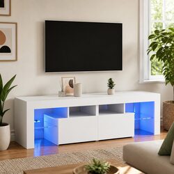 Modern White TV Cabinet with RGB LED Lighting 140cm