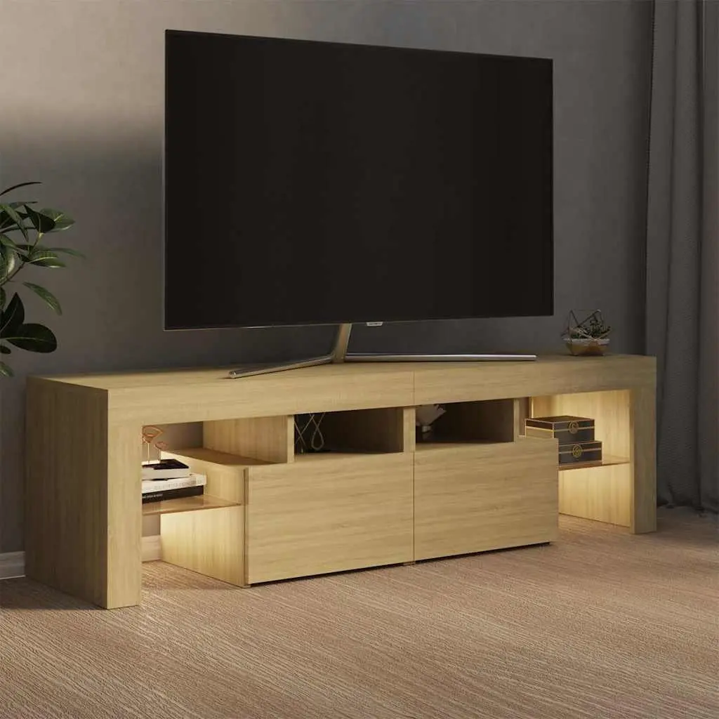 TV Cabinet RGB LED Lights Brown Engineered Wood Media Stand Storage Unit 140 x 36.5 x 40 cm