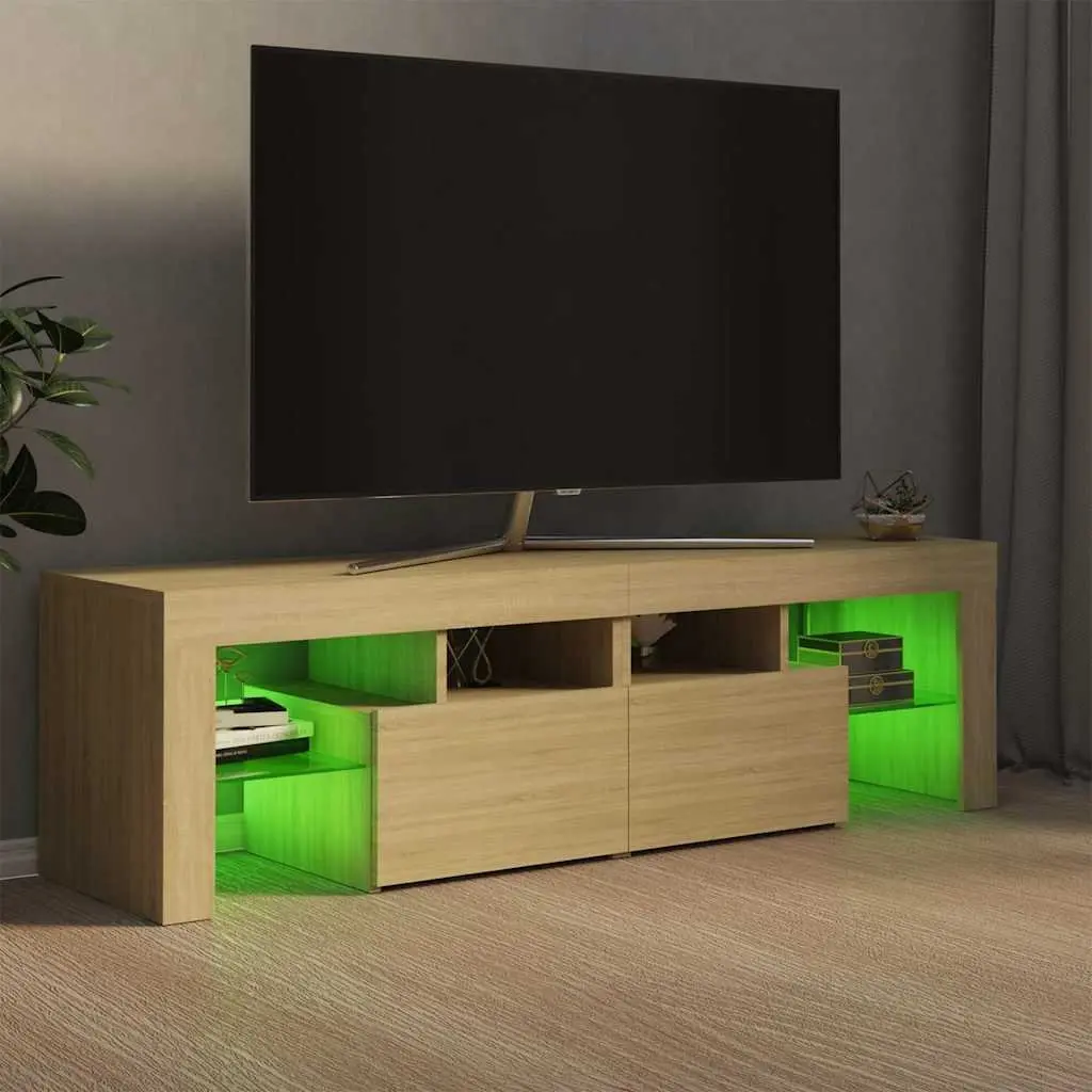 TV Cabinet RGB LED Lights Brown Engineered Wood Media Stand Storage Unit 140 x 36.5 x 40 cm