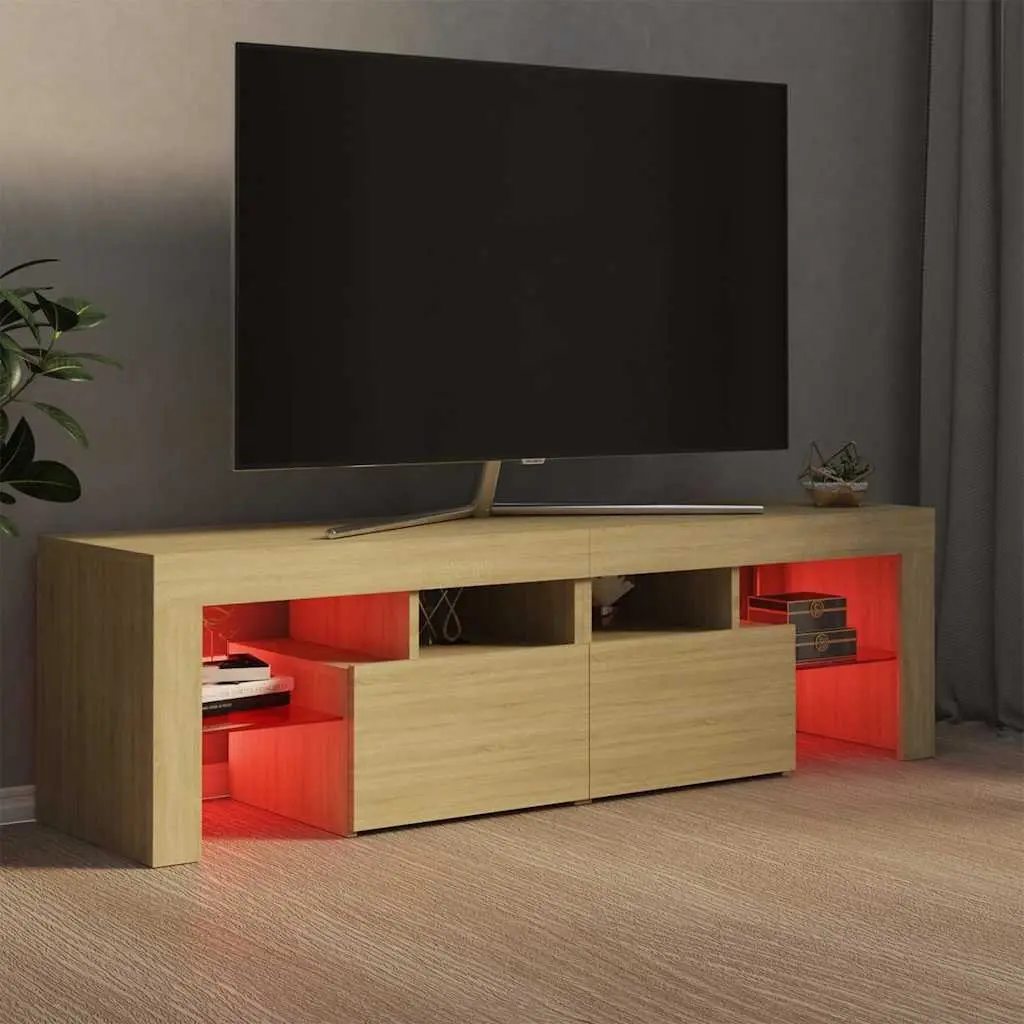 TV Cabinet RGB LED Lights Brown Engineered Wood Media Stand Storage Unit 140 x 36.5 x 40 cm
