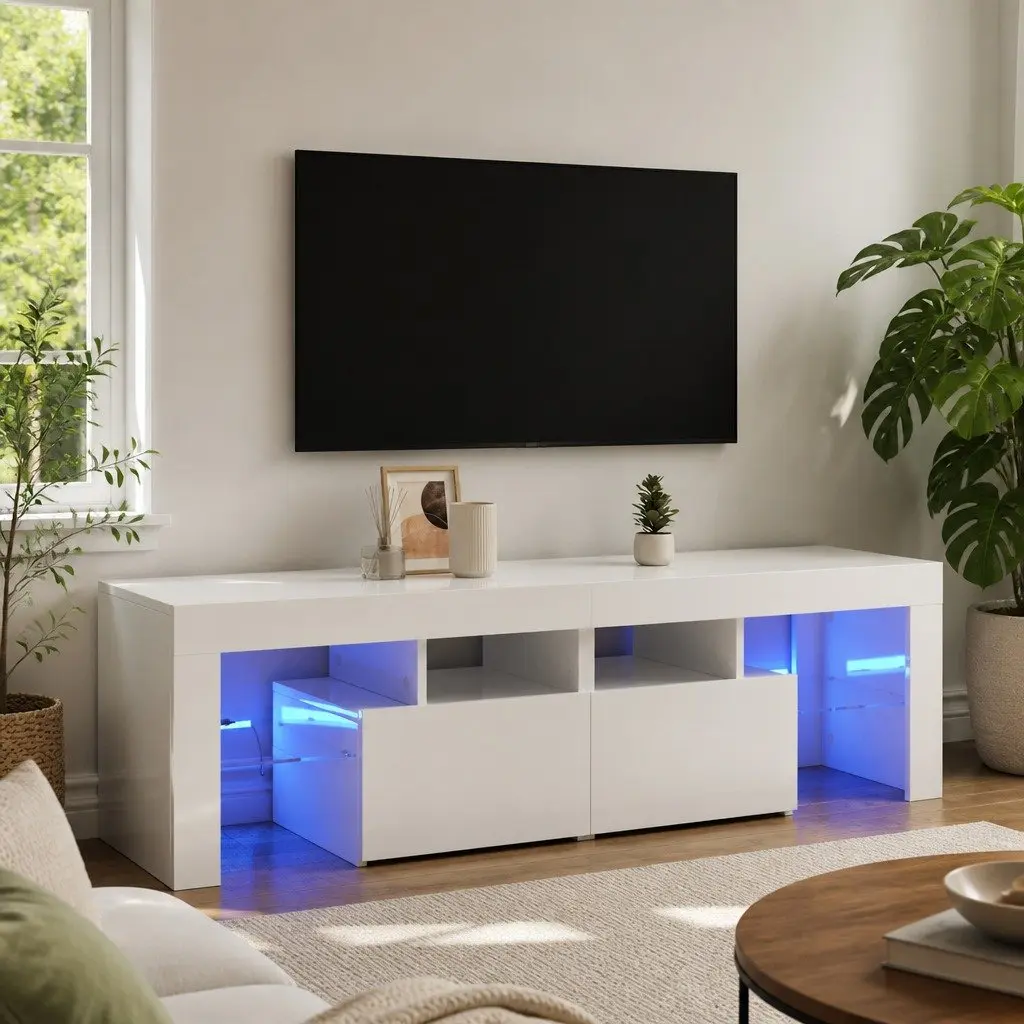 TV Cabinet Modern High Gloss White RGB LED Lights Engineered Wood 140x36.5x40 cm