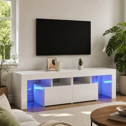 Modern TV Cabinet with RGB LED Lights in High Gloss White