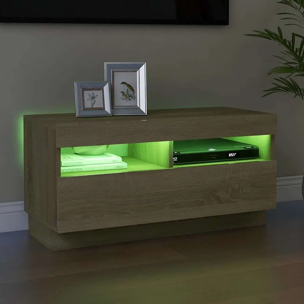 TV Cabinet Brown Wooden Media Entertainment Stand with RGB LED Lights 80 x 35 x 40 cm