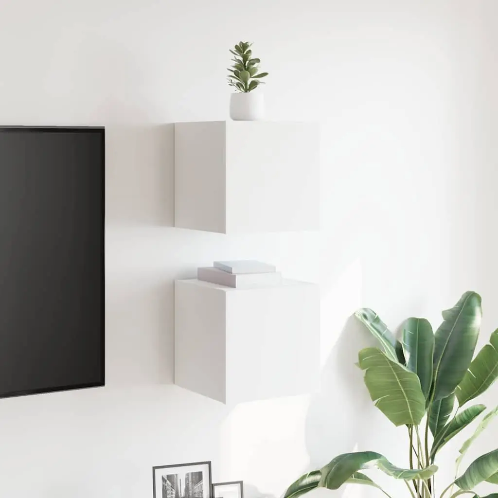 Wall Mounted TV Cabinet Set White Storage Unit 2 Pieces