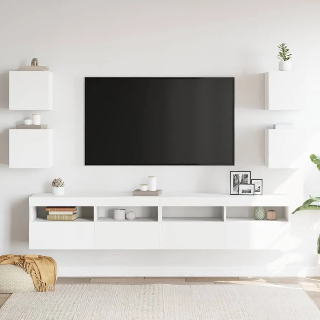 Wall Mounted TV Cabinet Set White 4 Piece Storage Compartment Home Entertainment Unit