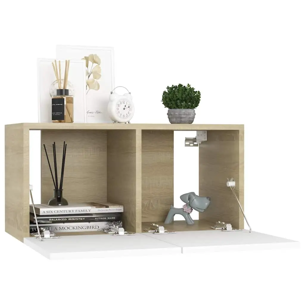 Hanging TV Cabinet Modern White Sonoma Oak Wall Mount Storage Unit 60 x 30 x 30 cm
