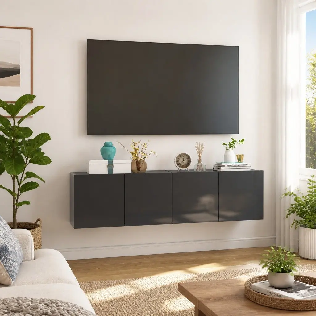 2 Piece Wall Mounted High Gloss Grey TV Cabinet Set Modern Storage Unit