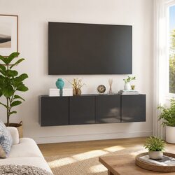 High Gloss Grey Wall Mounted TV Cabinet Set