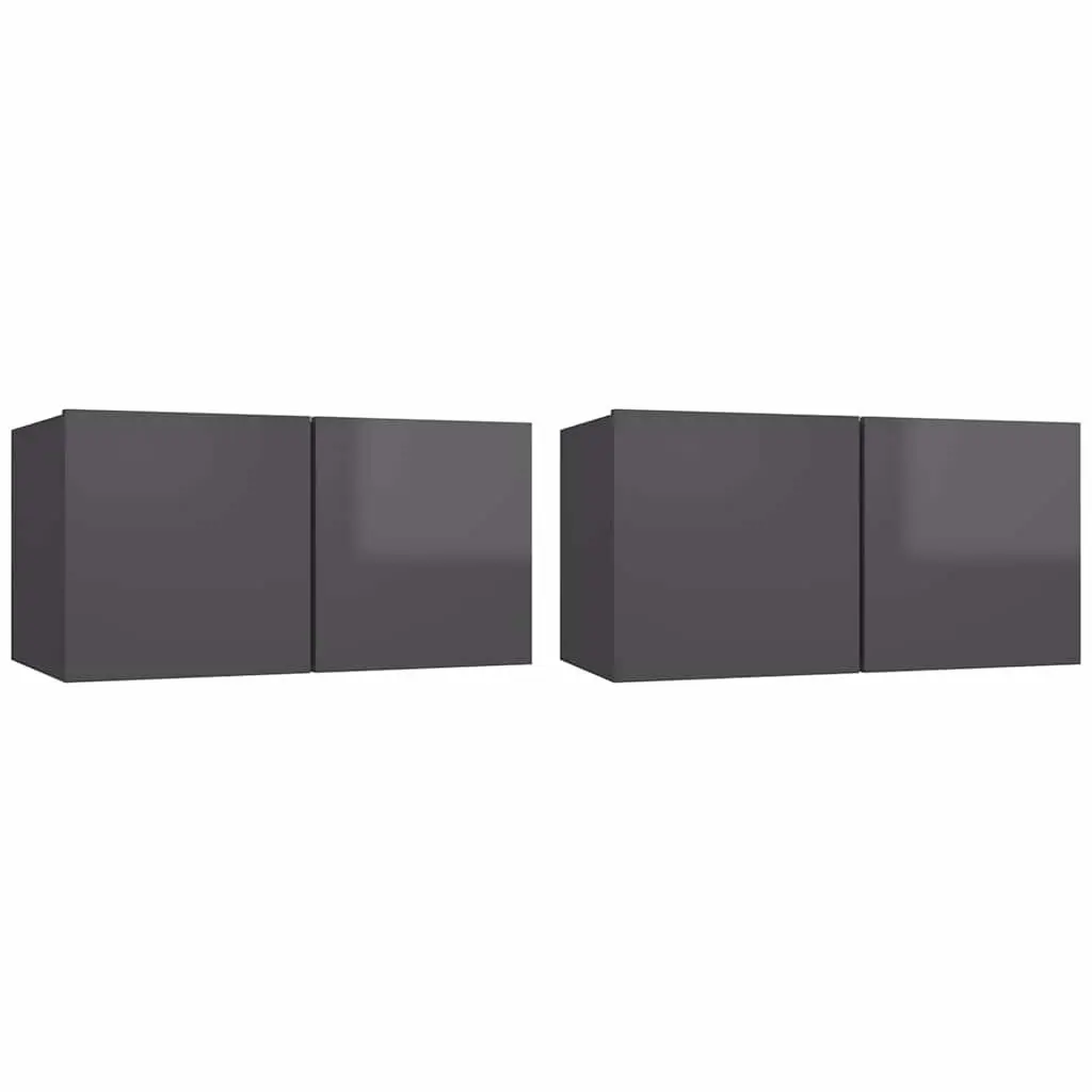 2 Piece Wall Mounted High Gloss Grey TV Cabinet Set Modern Storage Unit