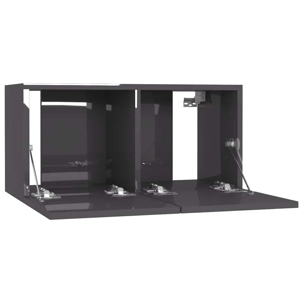 2 Piece Wall Mounted High Gloss Grey TV Cabinet Set Modern Storage Unit