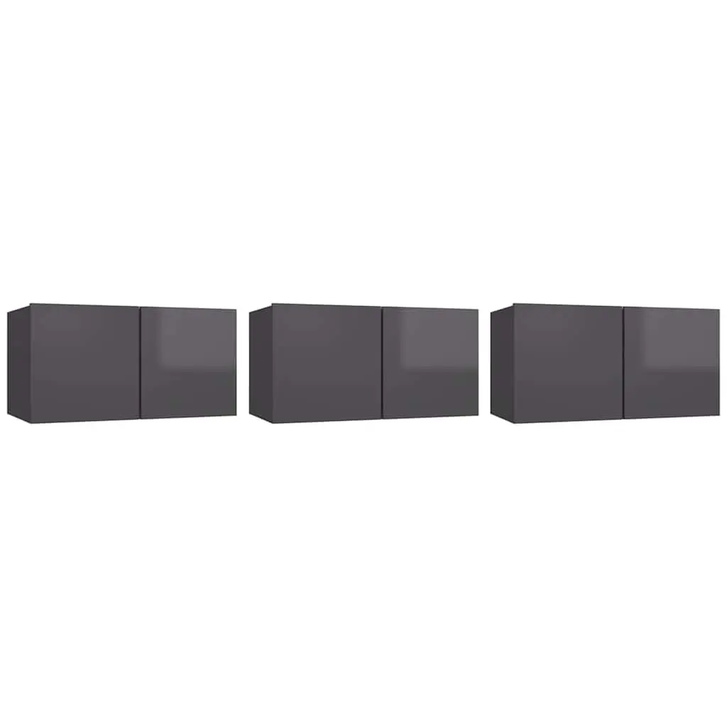 Hanging TV Cabinet Set Grey Modern Wall Mount 3 Piece Storage Unit