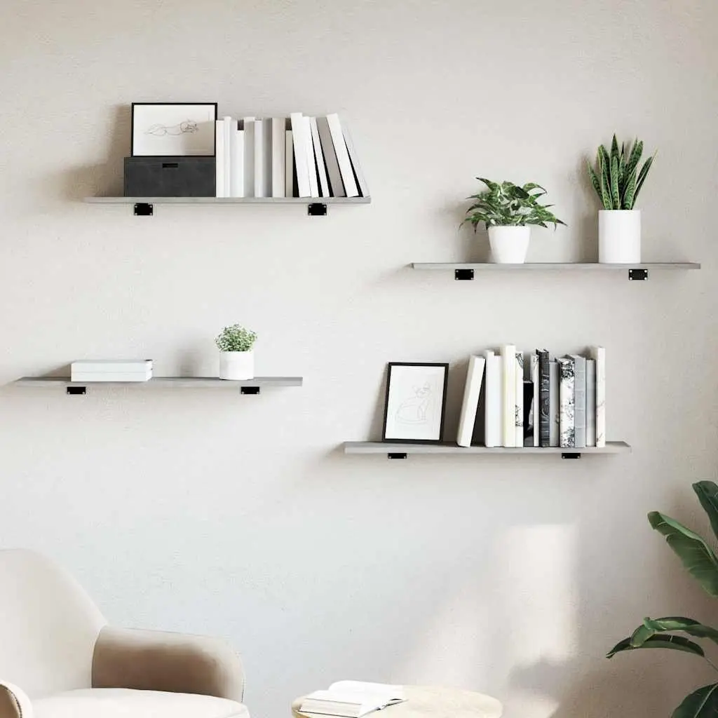 Grey Wall Mounted Bookshelf Boards Storage Shelves Set of Four Engineered Wood