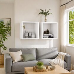 White Wall Cabinet Set of 2 with Floating Shelves 37x37x37 cm
