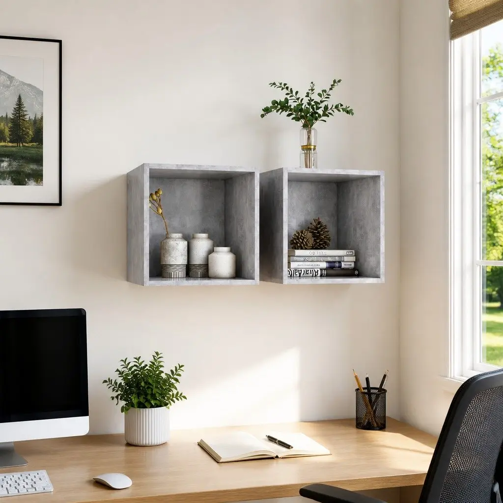 Wall Cabinet Grey 37x37x37 cm Engineered Wood Floating Shelf Storage Unit Pair