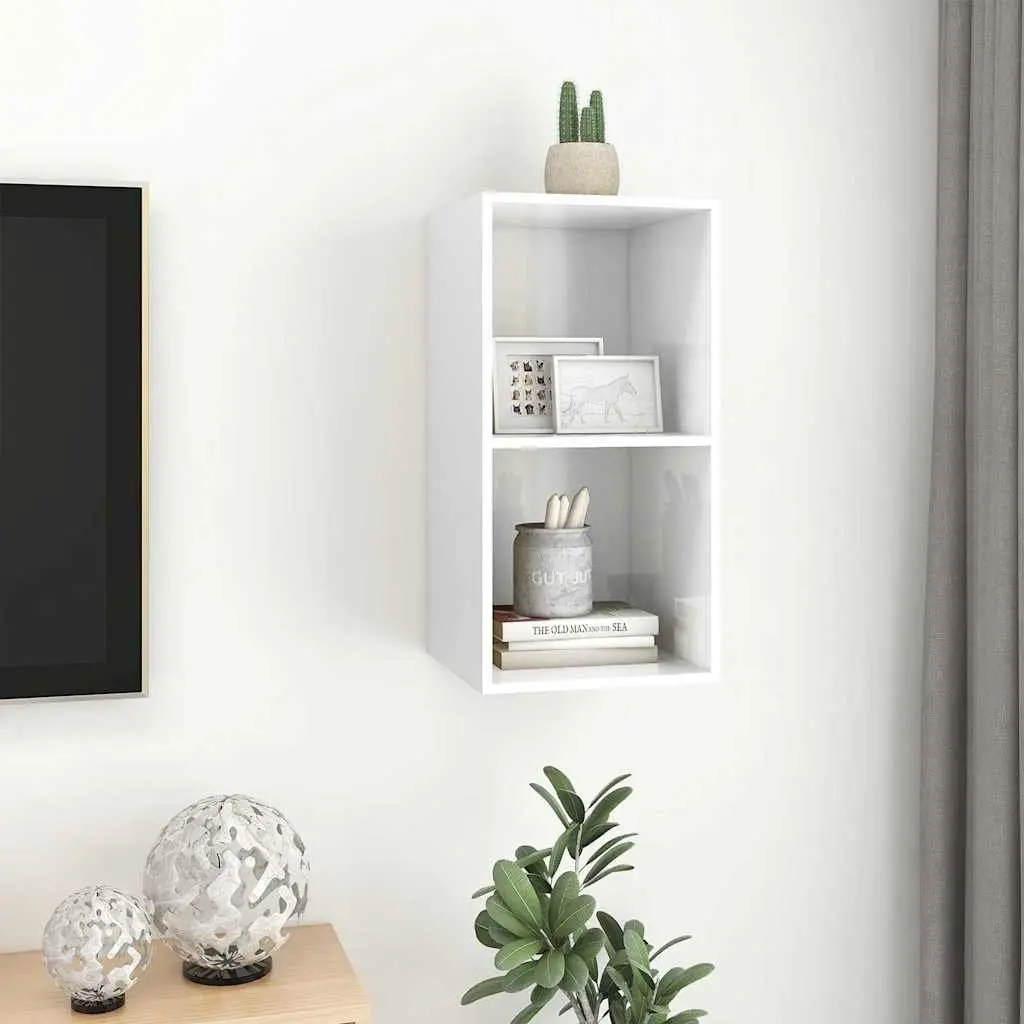 Wall-mounted TV Cabinet High Gloss White 2 Compartment Engineered Wood 37 x 37 x 72 cm