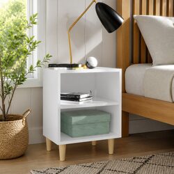 White Bedside Table with Wooden Legs and Two Shelves