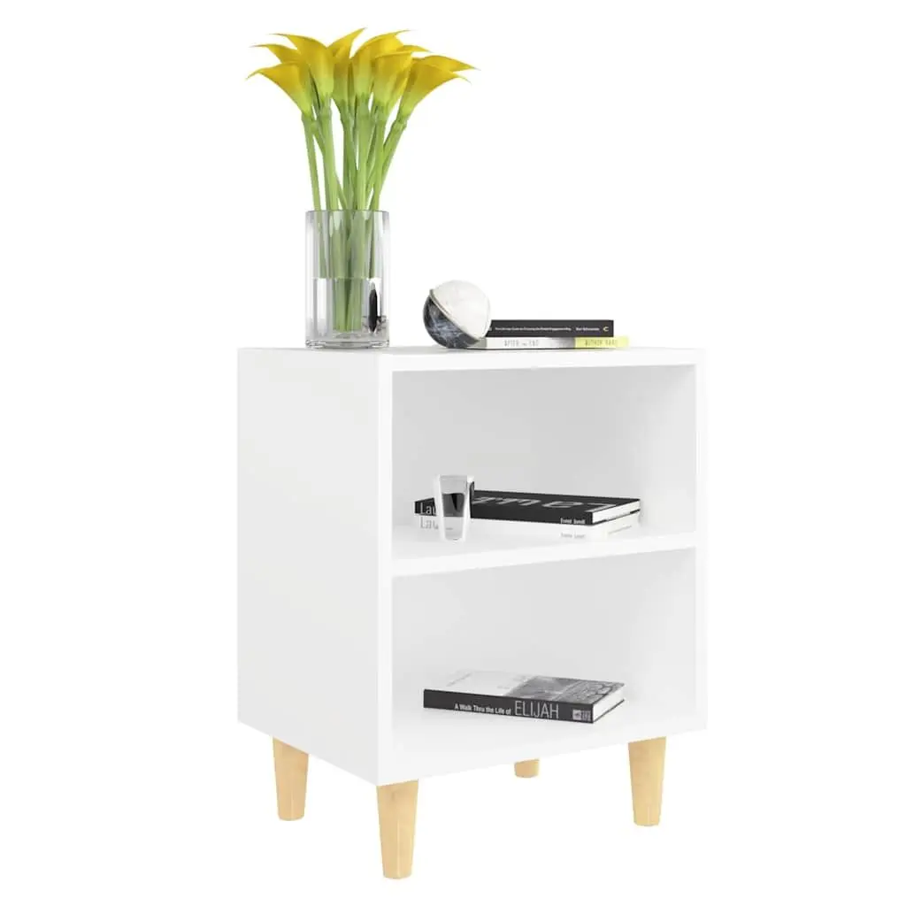 White Nightstand with Two Open Shelves and Wooden Legs for Bedroom Storage