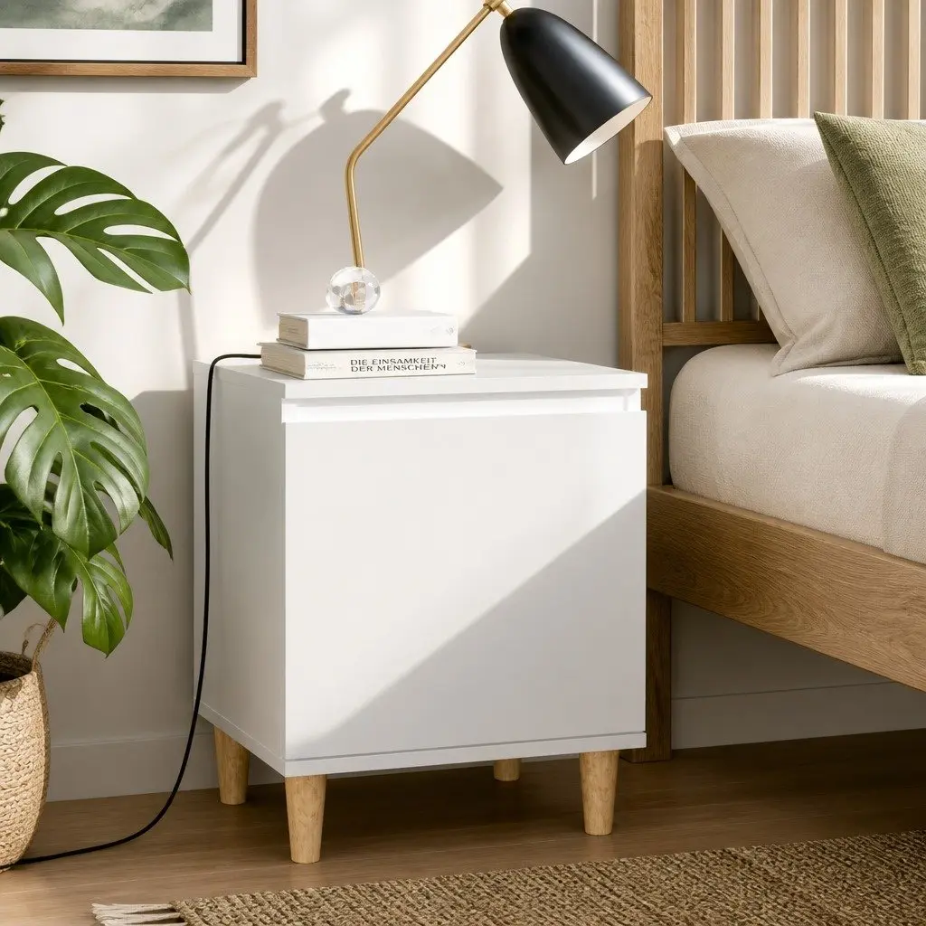 Bedside Table Scandinavian Style White Storage Cabinet Solid Wood Legs 2 Pieces