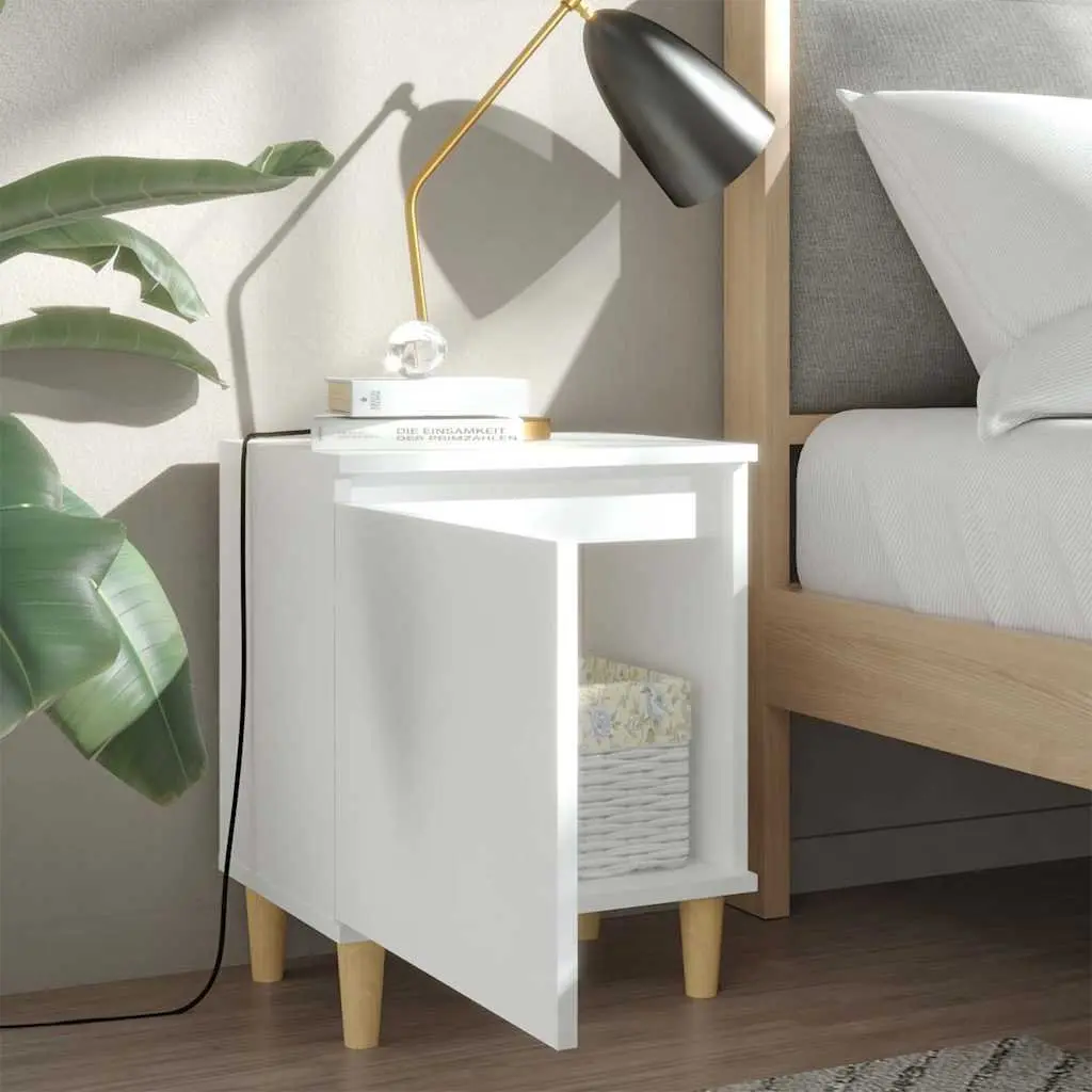Bedside Table Scandinavian Style White Storage Cabinet Solid Wood Legs 2 Pieces