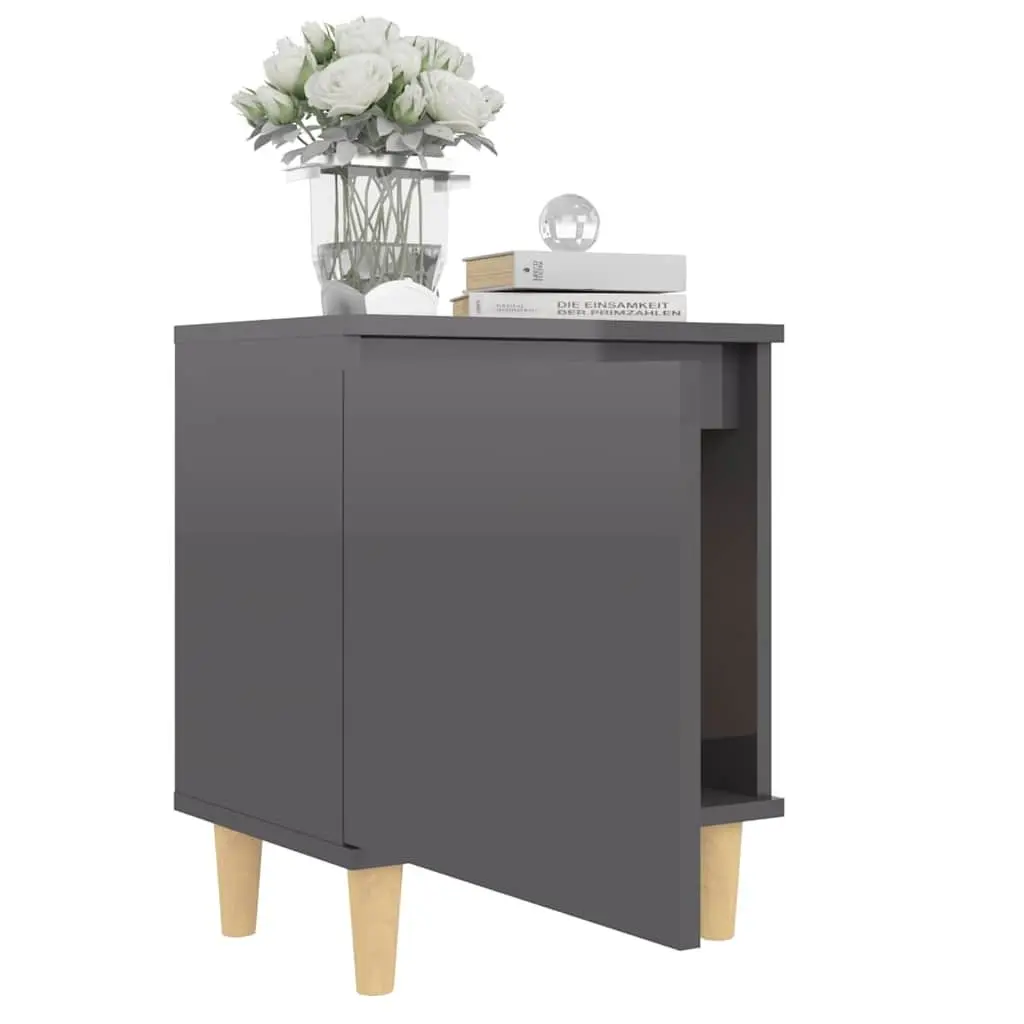 Bedside Table Grey High Gloss Scandinavian Nightstand Wooden Legs Storage Compartment