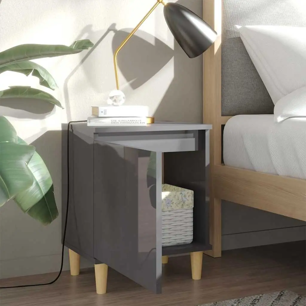 Bedside Table Grey High Gloss Scandinavian Nightstand Wooden Legs Storage Compartment