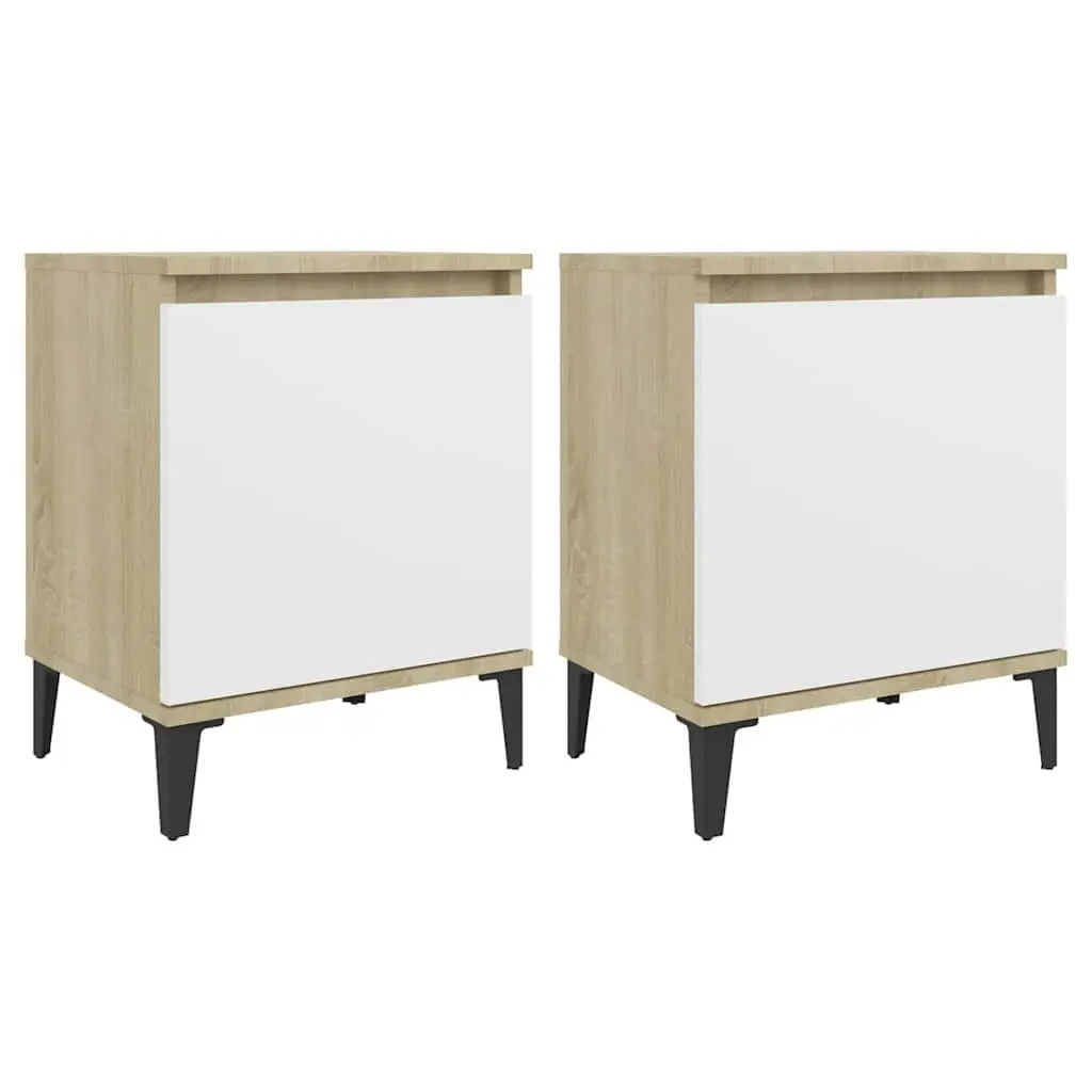 Bedside Table Industrial Style Sonoma Oak and White Metal Legs Nightstand Storage