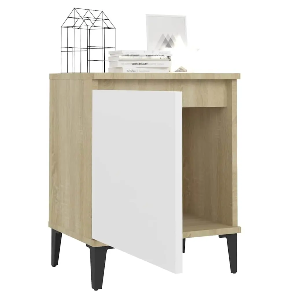 Bedside Table Industrial Style Sonoma Oak and White Metal Legs Nightstand Storage