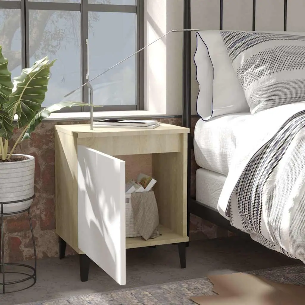Bedside Table Industrial Style Sonoma Oak and White Metal Legs Nightstand Storage