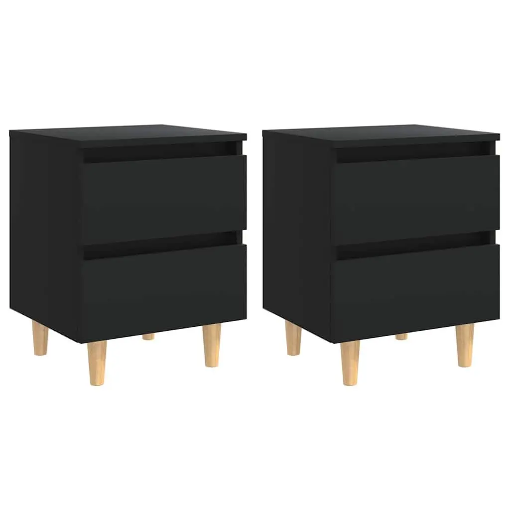Black Bedside Cabinets Set of 2 Nightstands with Drawers Solid Pinewood Legs Storage Furniture