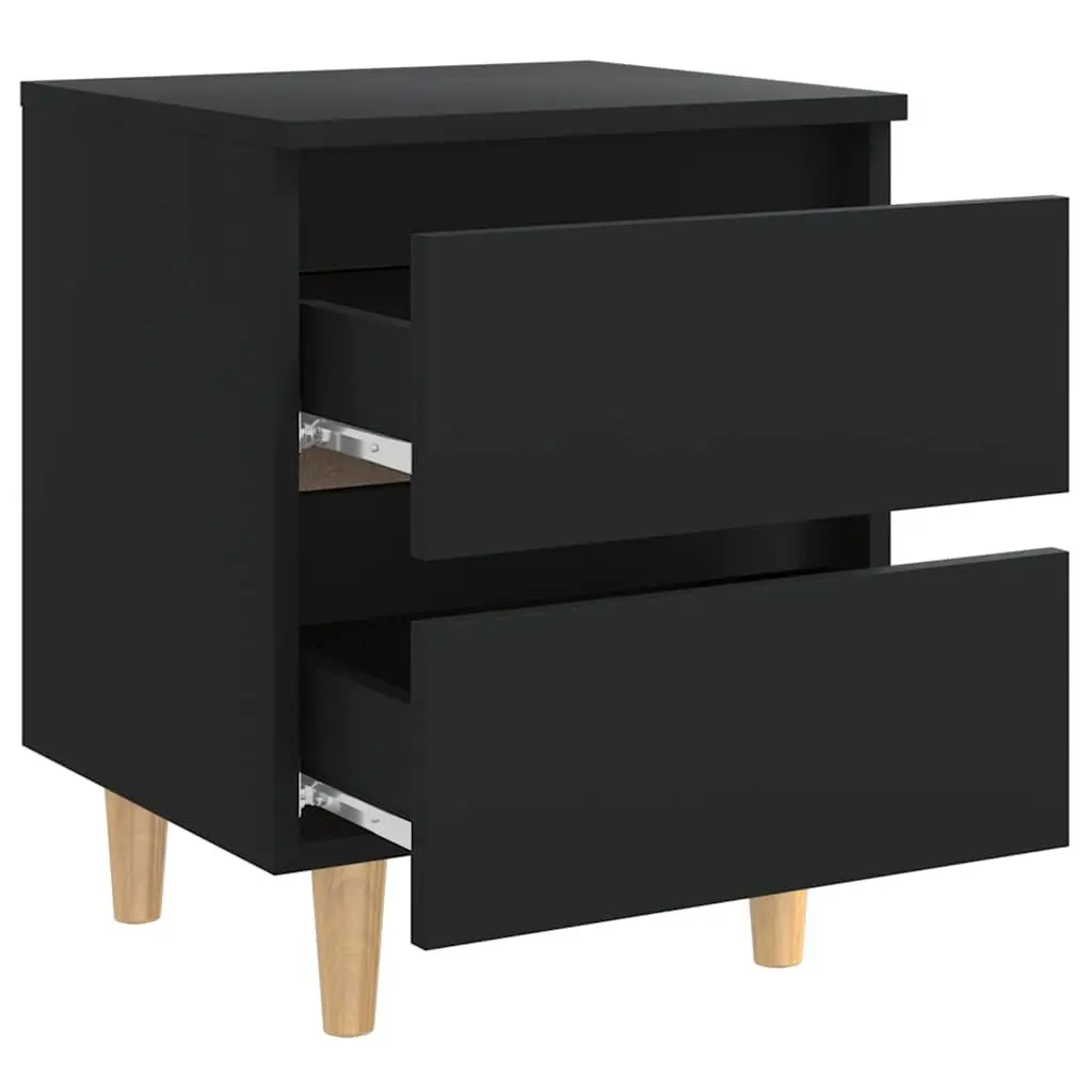 Black Bedside Cabinets Set of 2 Nightstands with Drawers Solid Pinewood Legs Storage Furniture