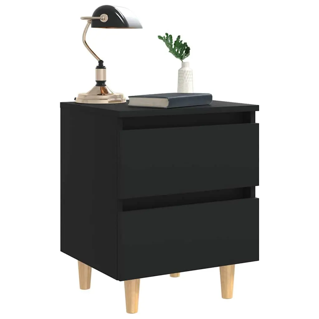 Black Bedside Cabinets Set of 2 Nightstands with Drawers Solid Pinewood Legs Storage Furniture
