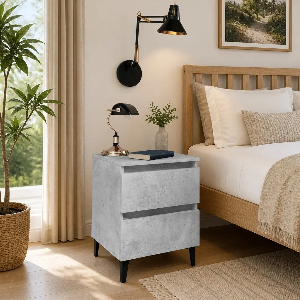 Bedside Table Grey Concrete Engineered Wood Two Drawers Storage