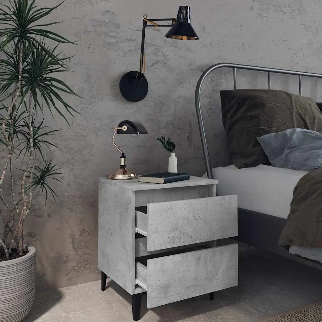 Bedside Table Grey Concrete Engineered Wood Two Drawers Storage