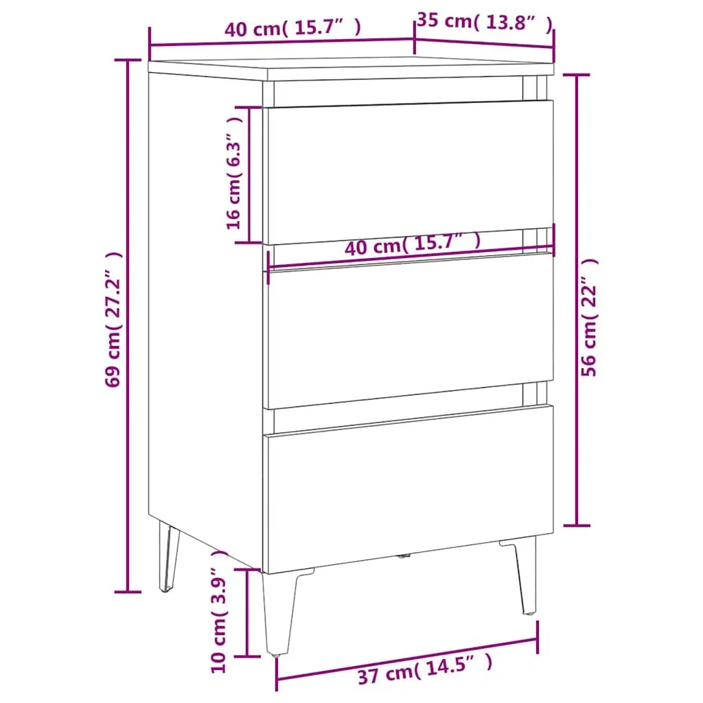 Bedside Table Industrial Style White 40x35x69cm Metal Legs 3 Drawers