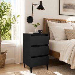 Chic Black Bedside Table with Metal Legs and Three Drawers