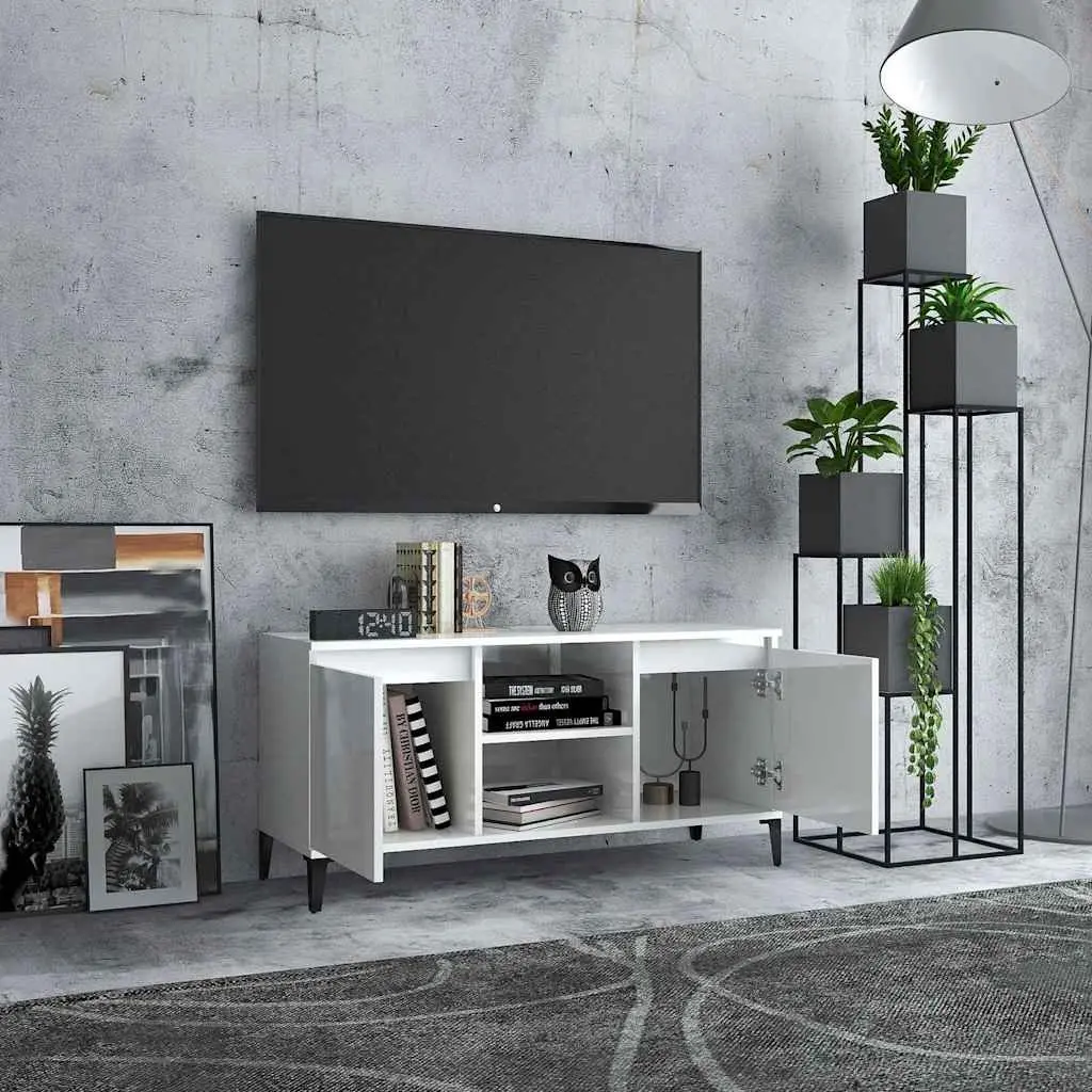 TV Cabinet High Gloss White Metal Legs Storage Unit 1035 x 350 x 500 mm